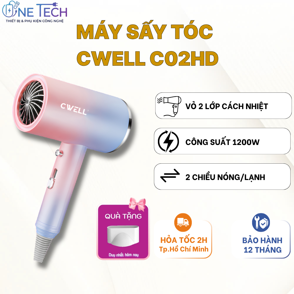 Máy Sấy Tóc Mini CWELL 2 Chiều Nóng Lạnh C02HD Sấy Nhanh - Công Suất 1200W, Ánh Sáng Xanh Bảo Vệ Tóc