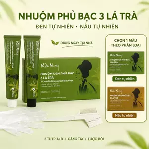 Kem Nhuộm Tóc Đen Phủ Bạc Kiều Nương 3 Lá Trà A+B 200g – Nhuộm Đen Tự Nhiên, Phủ Tóc Bạc, Kèm Găng Tay & Lược Bôi