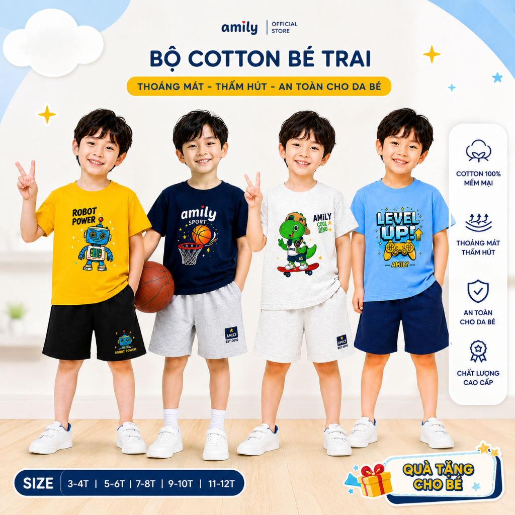 Bộ mặc nhà bé trai cộc tay AMILY 1T260601 cotton mềm mịn mát cho bé có in hình hoạ tiết 2LS26S004