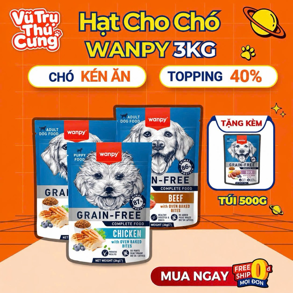 (3KG Tặng 500g) Hạt Wanpy / Captain Cho Chó Kén Ăn, Giúp Tăng Cân, Siêu Topping