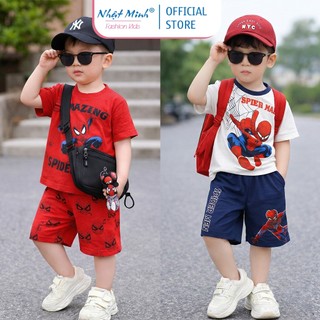 Set Bộ Bé Trai Spider Man Áo Thun Tay Ngắn In Hình Người Nhện, Quần Short Cotton Mềm Mát Mùa Hè Cho Bé 7-30kg