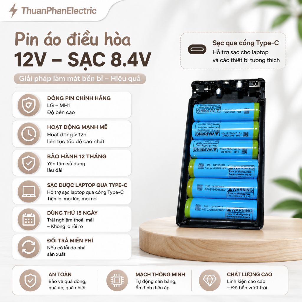 Phụ kiện áo điều hoà 12V, đóng pin chính hãng, sạc được laptop, độ bền cao