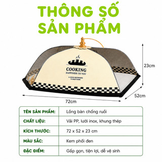 Lồng Bàn Đậy Thức Ăn Gấp Gọn Khung Thép Chắc Chắn GD61 - Lồng Bàn Vải Đậy Thức Ăn Trục Gấp Trơn Chu