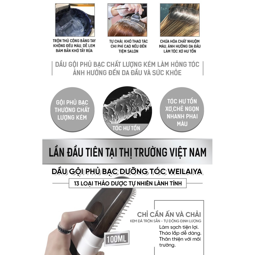 Weilaiya Dầu Gội Phủ Bạc Chính Hãng,Che Tóc Bạc, Dưỡng Tóc Mềm Mượt. Tặng Lõi Phủ Bạc/Mini Gừng