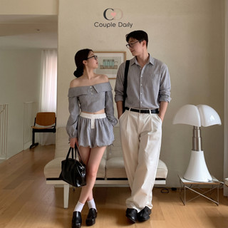Set Đồ Đôi Nam Nữ Couple Váy Bí Phồng Trễ Vai & Áo Sơ Mi Tay Dài Đi Biển Chụp Ảnh 88003 [GIÁ MỞ BÁN]