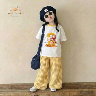 Set Đồ Bé Gái Áo Thun Tay Ngắn Phối Quần Dài Dáng Suông Caro, Bộ Thời Trang Bé Gái Hàn Quốc | NHẬT MINH KIDS