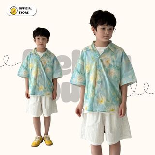 Set Bé Trai Áo Sơ Mi Xanh Loang Hoa Văn + Quần Short Trắng Đi Tiệc Mellow Duck (4-13 Tuổi) B2606061