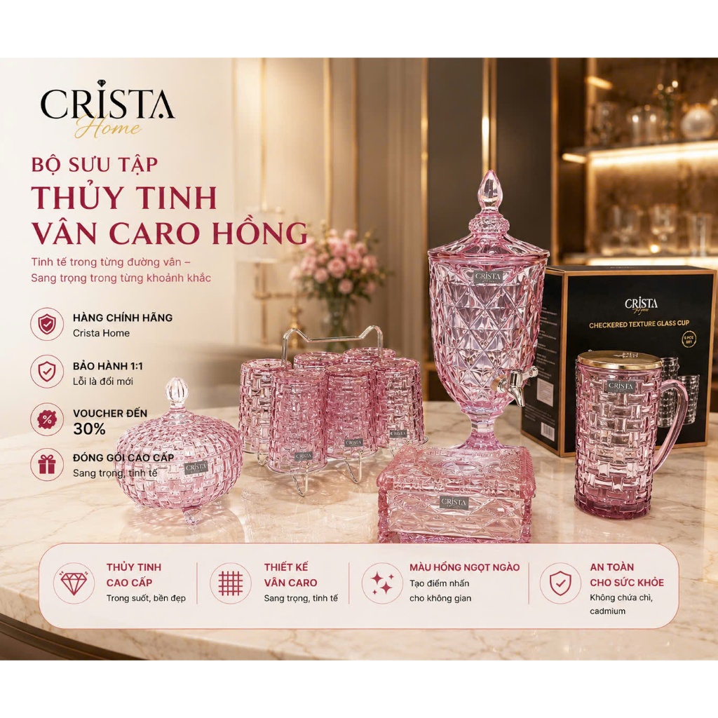 Bộ Cốc Bình Hũ Thủy Tinh Hồng Pastel Crista home  Cao Cấp 280ml 350ml Bình 1L Lọ Hoa Hũ Mứt 3 Chân Decor Bàn Trà