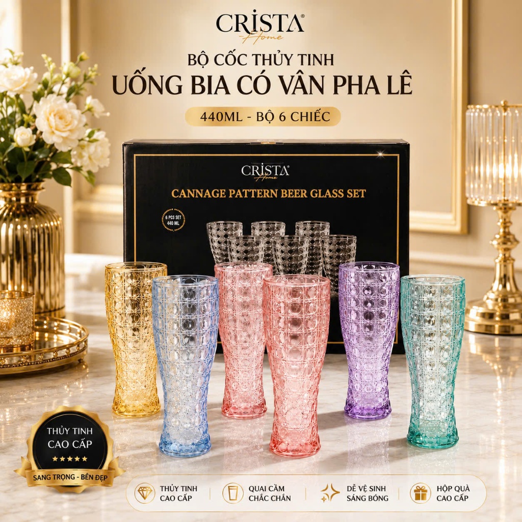 Bộ 6 Ly Bia Thủy Tinh Vân Pha Lê 440ml Crista Home 60245 – Ly Bia Cao Cấp, Giữ Bọt Tốt, Có 2 Màu Mix & Trắng