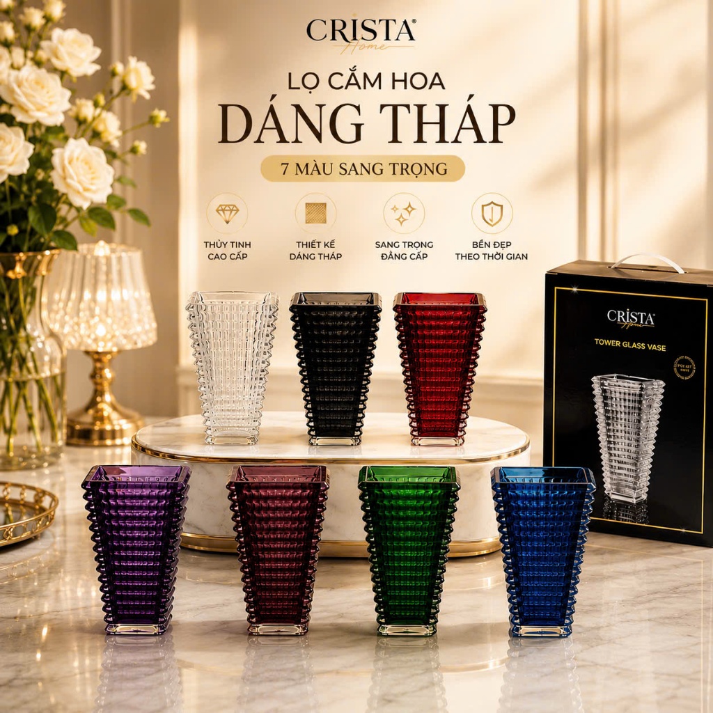 Bình cắm hoa thủy tinh dáng tháp cao cấp Crista home 28cm | Sang trọng nhiều sắc màu | Tặng khăn ren