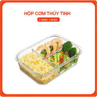 Hộp cơm thủy tinh 2 ngăn, 3 ngăn cao cấp chịu nhiệt tốt, nắp kín chống tràn mang cơm đi làm tiện lợi