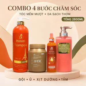 Combo 4 Món Dầu Gội Thảo Dược Royal 1400ML Hấp Dầu DTH Hyamin 1000ML Xịt Đạm Phục Hồi 300ML Sữa Tắm Bibee Royal 500ML