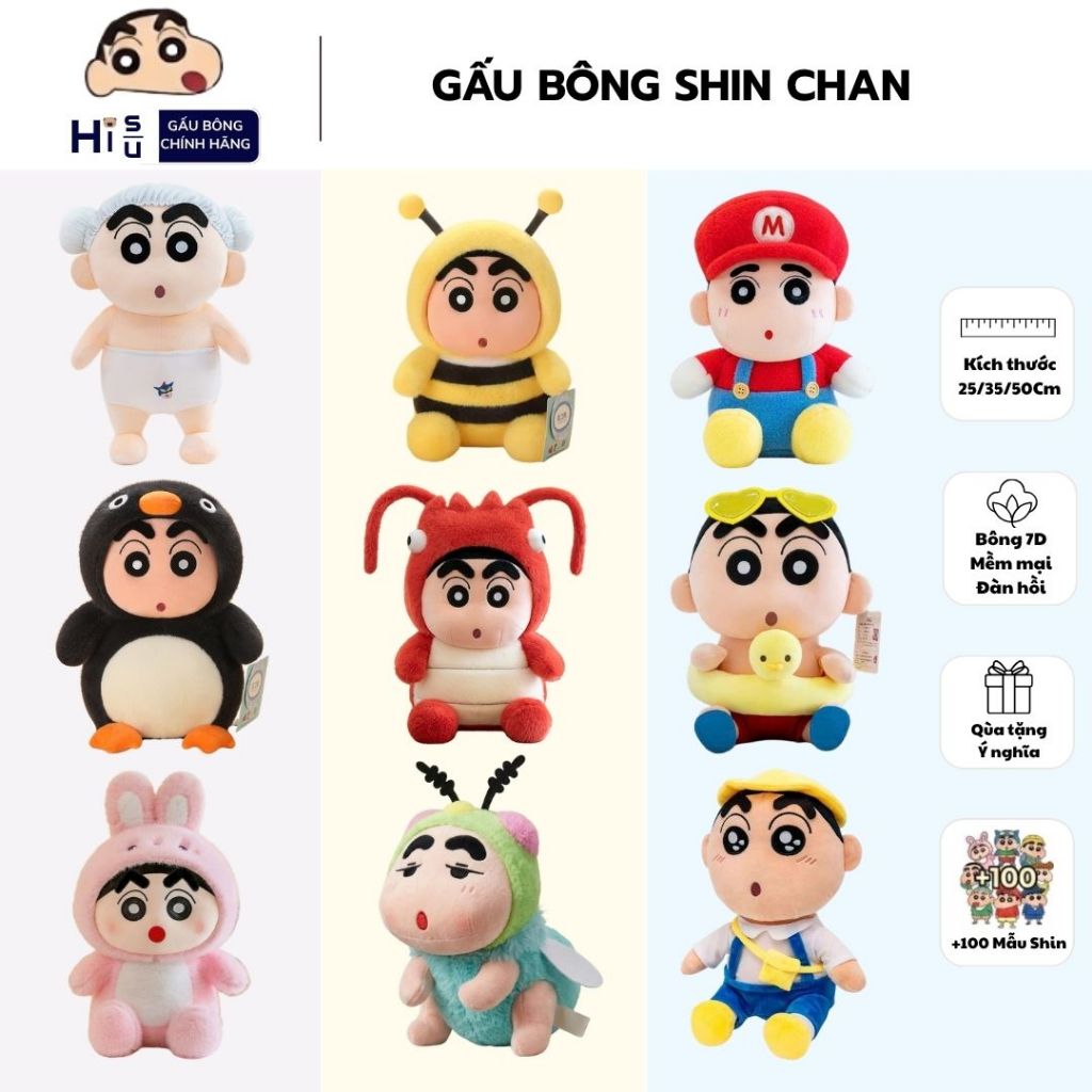 Gấu Bông Shin Cậu Bé Bút Chì Nhiều Mẫu Cosplay Đáng Yêu, Thú Bông Shin Chan Lông Mềm Mại Quà Tặng Cho Bé