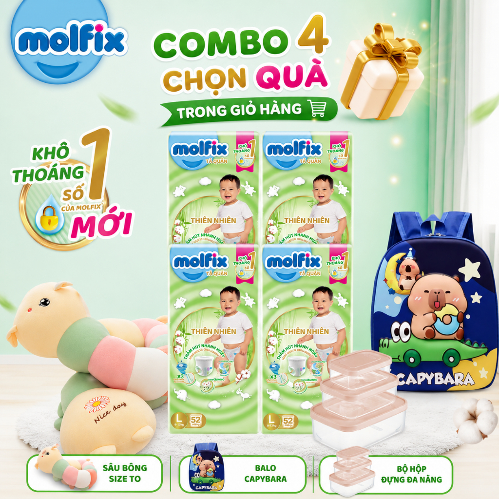 [Chọn QUÀ trong giỏ hàng] Combo 4 Tã/bỉm quần Molfix Thiên nhiên Super Jumbo đủ size M56/L52/XL46/XXL42