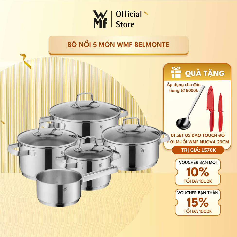 Bộ Nồi 5 món WMF Belmonte, Đáy Từ 3 lớp, Chất Liệu Thép Cromargan Size 24, 20, 20,16,16cm