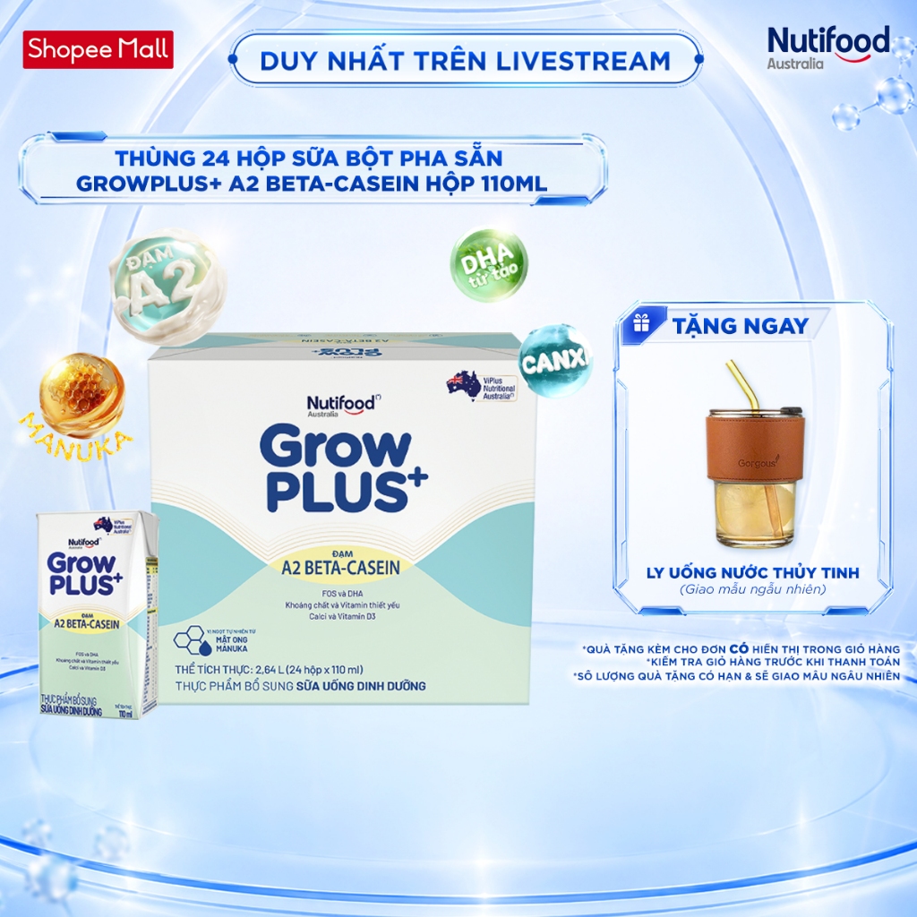 [Inhouse] Thùng 24 hộp Sữa bột pha sẵn GrowPLUS+ Đạm A2 Beta-Casein Hộp 110ml