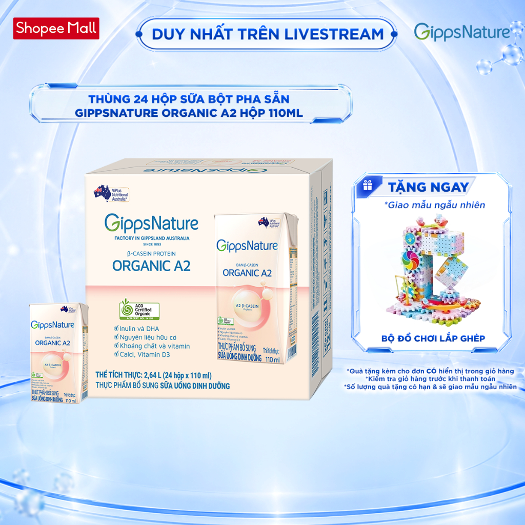 Thực phẩm bổ sung sữa uống dinh dưỡng GippsNature Đạm A2 Beta-Casein Organic hộp 110ml