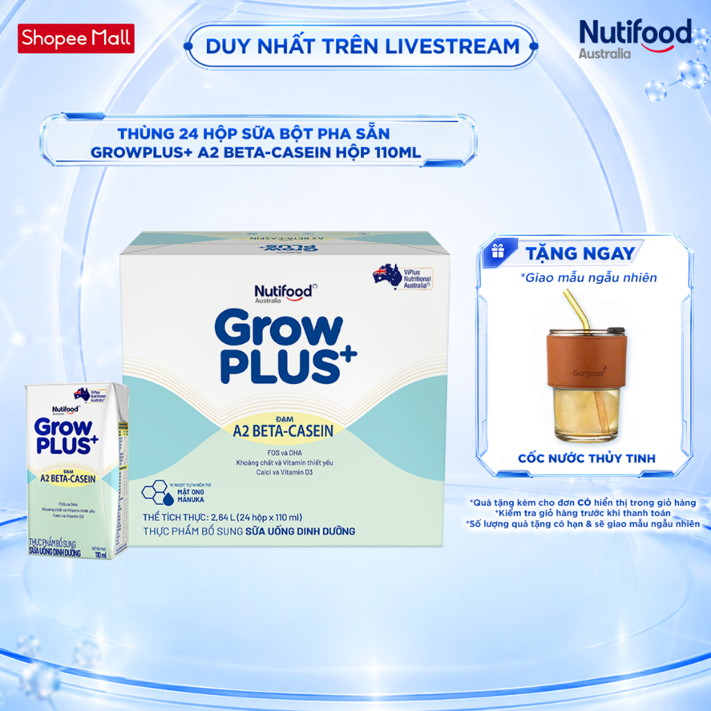 [Livestream KOL] Thùng 24 hộp Sữa bột pha sẵn GrowPLUS+ Đạm A2 Beta-Casein Hộp 110ml