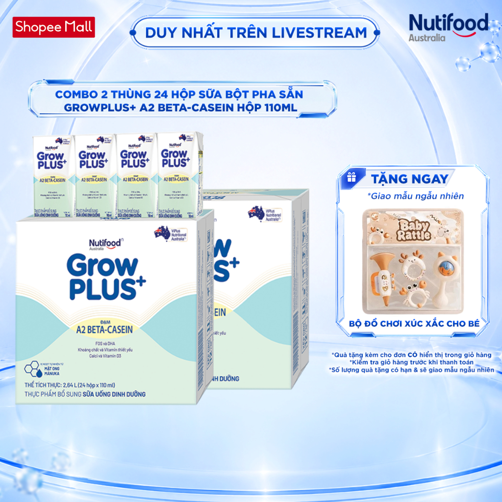 [Livestream KOL] Combo 2 x Thùng 24 hộp Sữa bột pha sẵn GrowPLUS+ Đạm A2 Beta-Casein Hộp 110ml