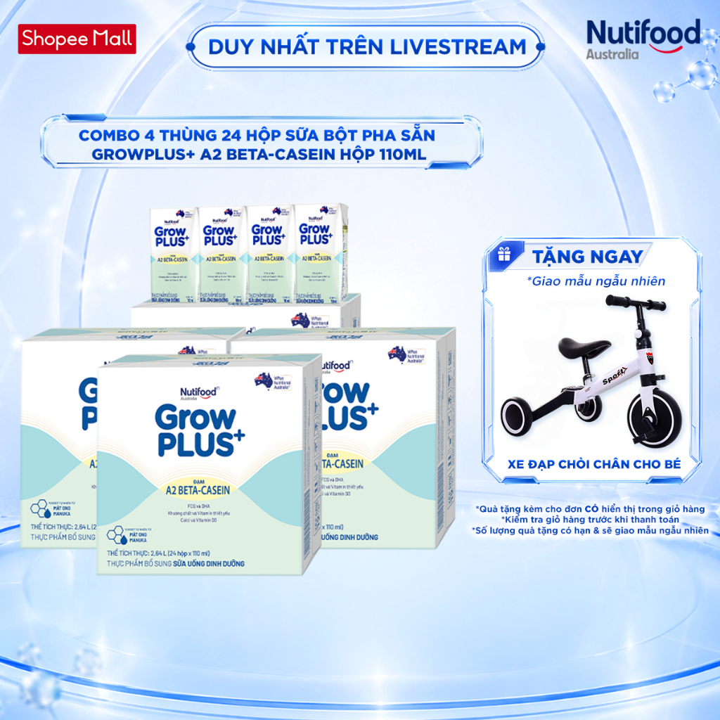 [Livestream KOL] Combo 4 x Thùng 24 hộp Sữa bột pha sẵn GrowPLUS+ Đạm A2 Beta-Casein Hộp 110ml