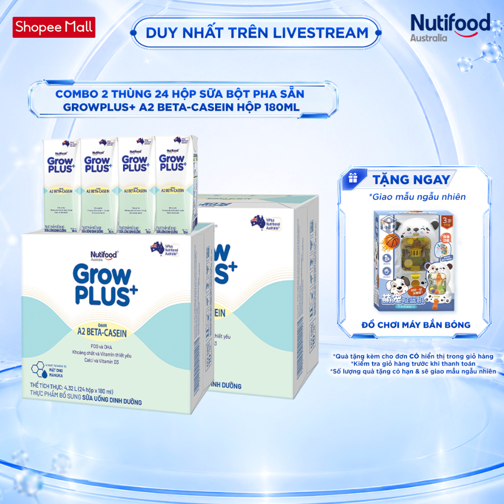 [Livestream KOL] Combo 2 x Thùng 24 hộp Sữa bột pha sẵn  GrowPLUS+ Đạm A2 Beta-Casein Hộp 180ml
