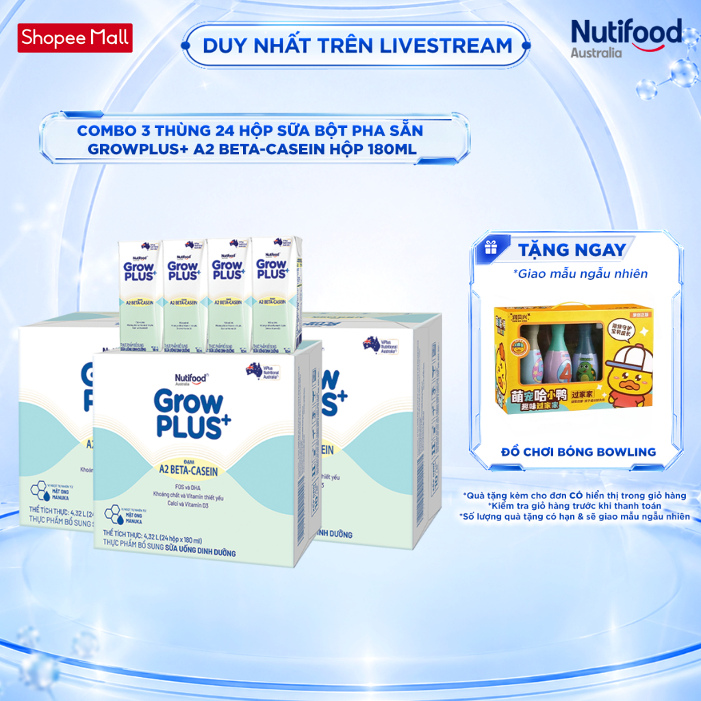 [Livestream KOL] Combo 3 x Thùng 24 hộp Sữa bột pha sẵn GrowPLUS+ Đạm A2 Beta-Casein Hộp 180ml