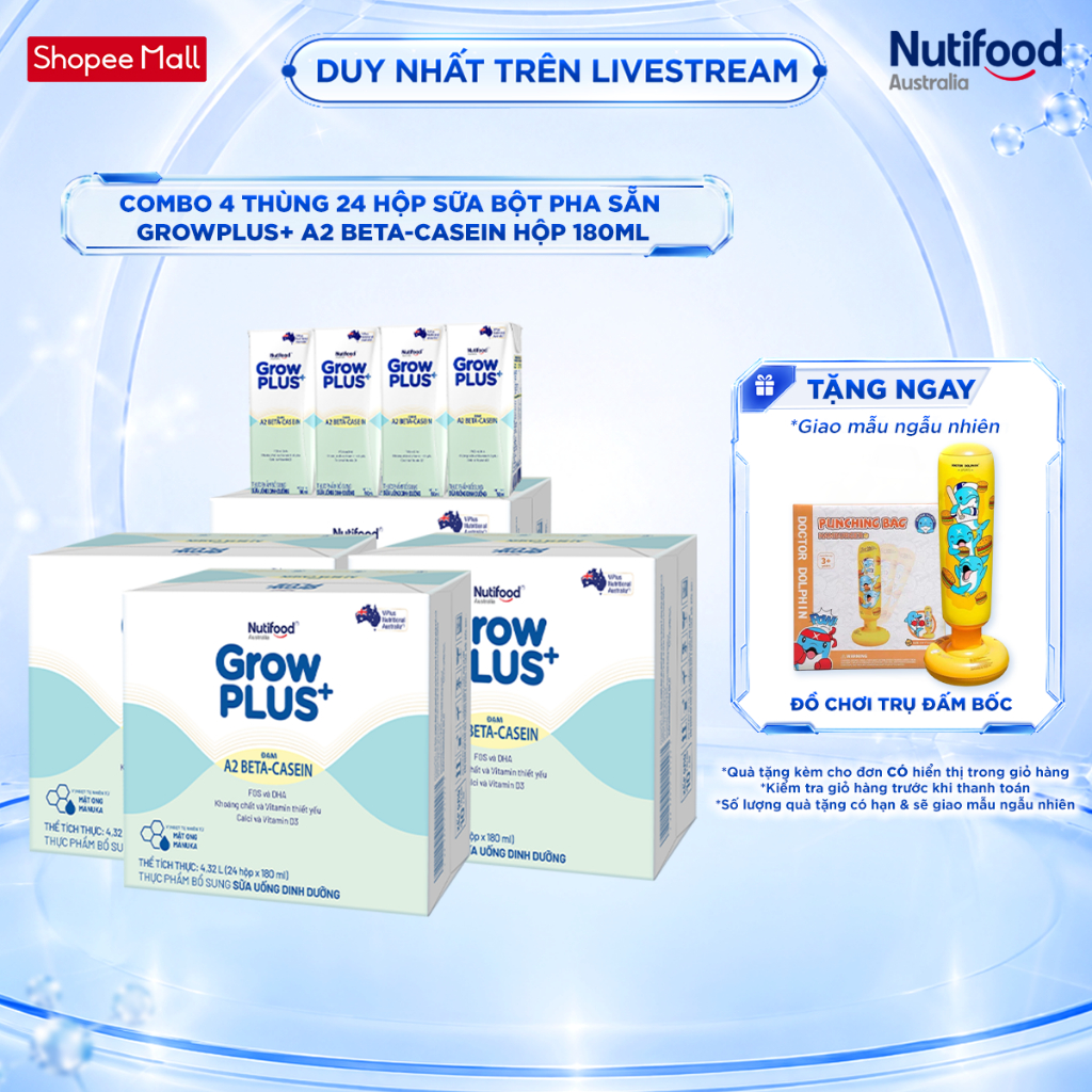 [Livestream KOL] Combo 4 x Thùng 24 hộp Sữa bột pha sẵn GrowPLUS+ Đạm A2 Beta-Casein Hộp 180ml