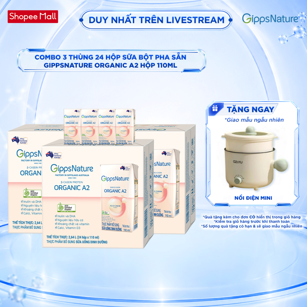 [Livestream KOL] Combo 3 Thùng 24 hộp Sữa bột pha sẵn GippsNature Đạm A2 Beta-Casein Organic hộp 110ml