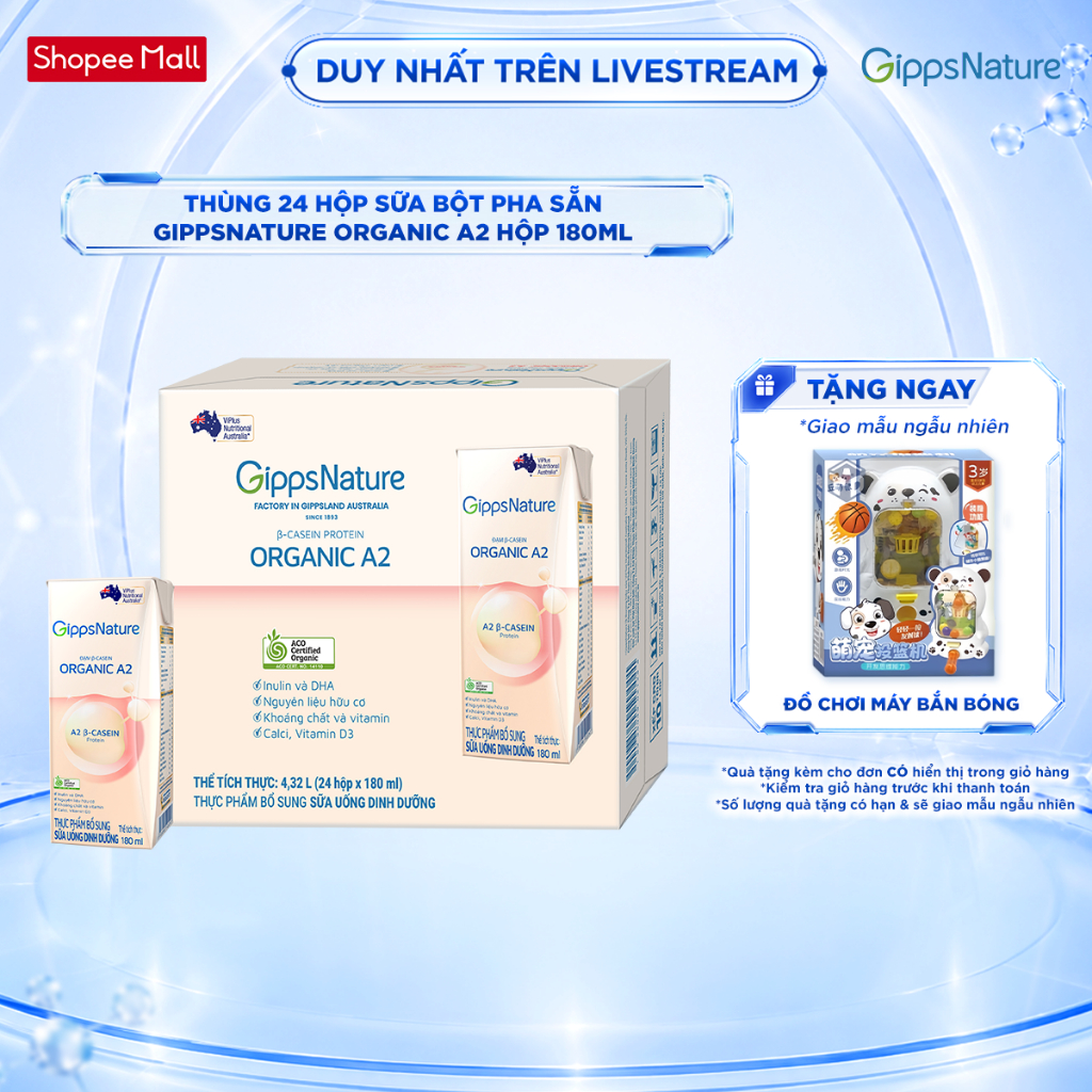 [LIVESTREAM KOL] Thực phẩm bổ sung sữa uống dinh dưỡng GippsNature Đạm A2 Beta-Casein Organic hộp 180ml