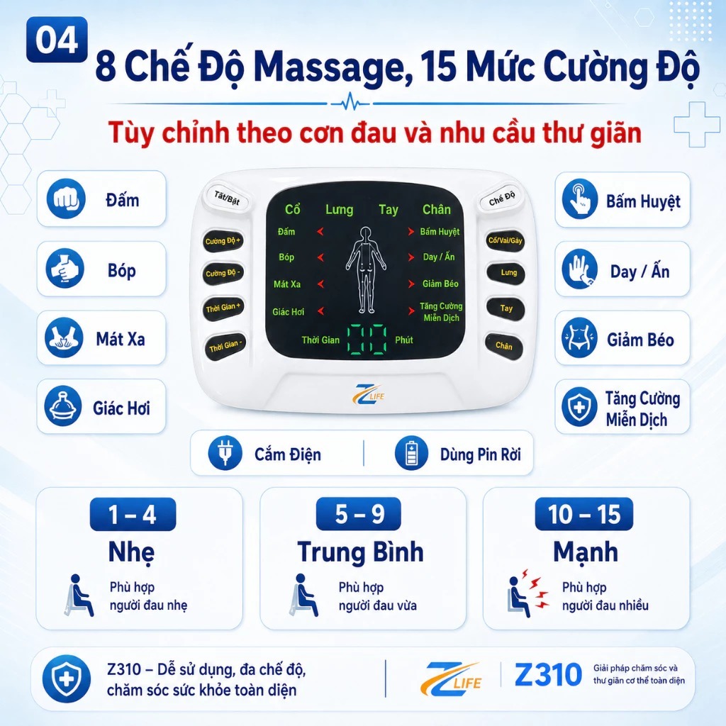 Máy xung điện toàn thân cao cấp YTK 309B, Máy massage xung điện châm cứu giảm đau 8 chế độ massage, 15 cấp cường độ