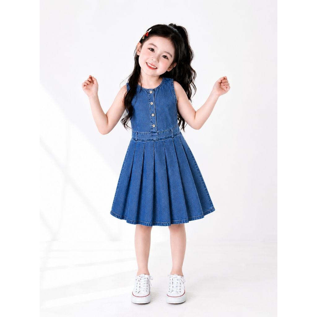 Váy Đầm Jean Mềm Cao Cấp Sofia Candy Sát Nách Xếp Ly Đi Tiệc Đi Chơi Du Lịch Đi Học Cho Bé Gái