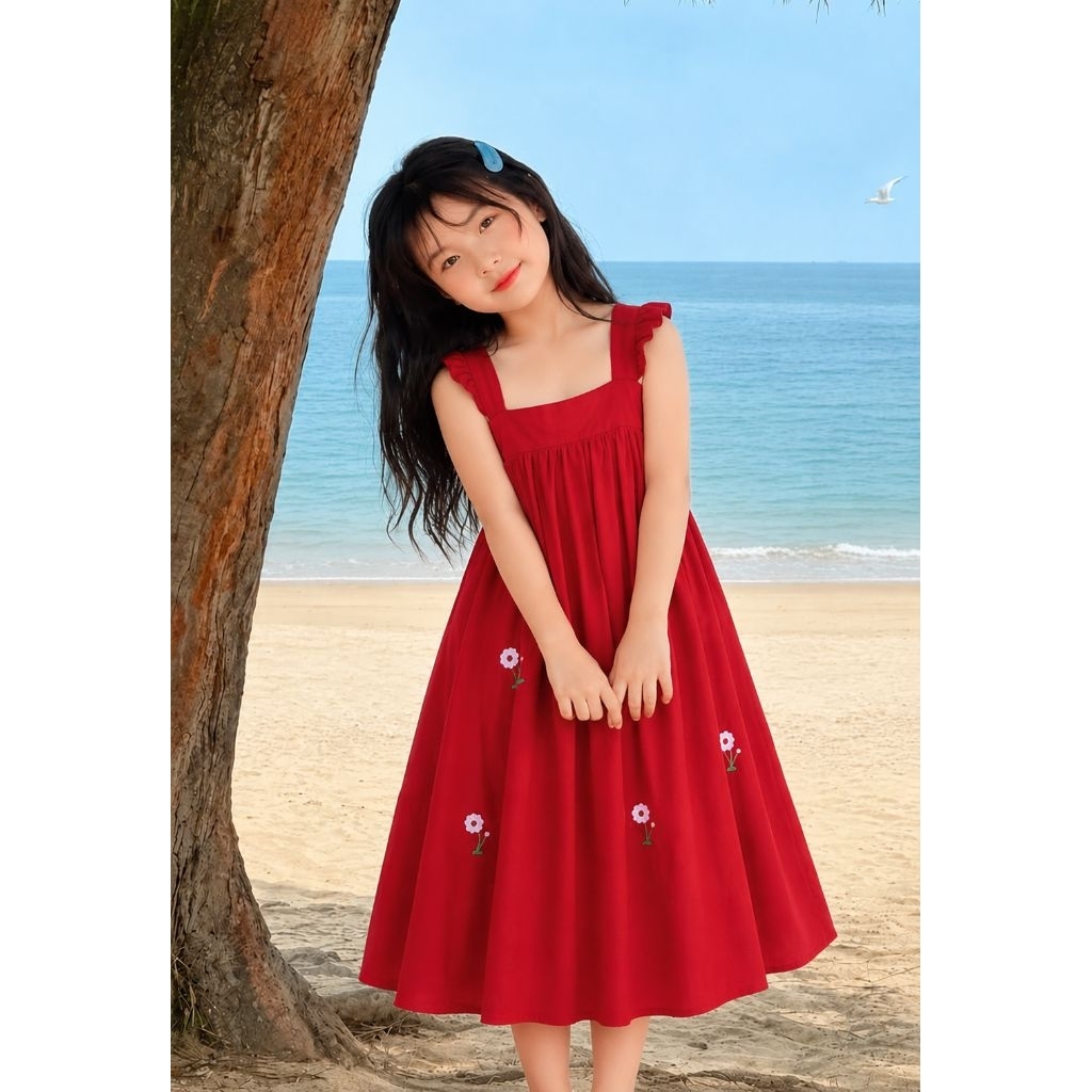 Váy Đầm DỰ TIỆC Cao Cấp Xuất HÀN Thêu Hoa Linen Mềm Mát Cánh Tiên Choàng Cổ Màu Đỏ Dáng A Xòe Cho Bé Gái