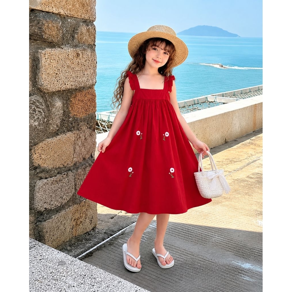 Váy Đầm DỰ TIỆC Cao Cấp Xuất HÀN Thêu Hoa Linen Mềm Mát Cánh Tiên Choàng Cổ Màu Đỏ Dáng A Xòe Cho Bé Gái