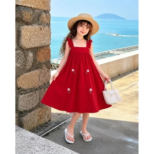 Váy Đầm DỰ TIỆC Cao Cấp Xuất HÀN Thêu Hoa Linen Mềm Mát Cánh Tiên Choàng Cổ Màu Đỏ Dáng A Xòe Cho Bé Gái