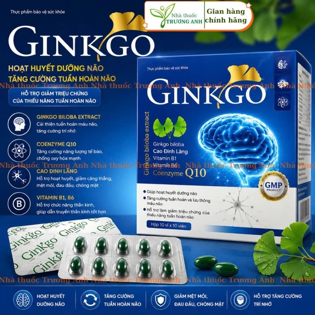 Ginkgo xanh dương hoạt huyết dưỡng não, bổ sung dưỡng chất cho não, giảm đau đầu chóng mặt ngủ không ngon. Hộp 100 viên