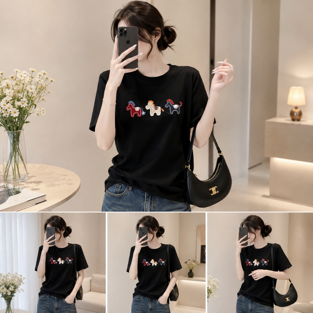 Áo Thun Tay Lỡ Nữ In Hình Ngựa Phối Màu, Form Unisex Rộng Vừa, Chất Cotton Mặc Hằng Ngày