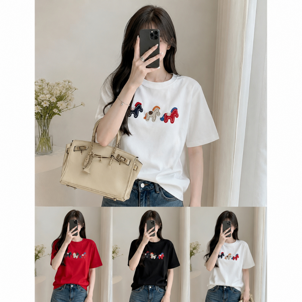 Áo Thun Tay Lỡ Nữ In Hình Ngựa Phối Màu, Form Unisex Rộng Vừa, Chất Cotton Mặc Hằng Ngày