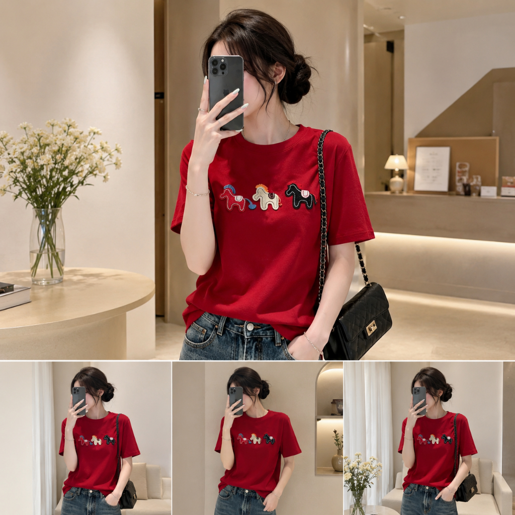 Áo Thun Tay Lỡ Nữ In Hình Ngựa Phối Màu, Form Unisex Rộng Vừa, Chất Cotton Mặc Hằng Ngày