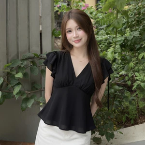 Áo Babydoll Kiểu Nữ Cổ V Tay Bèo Dáng Ôm Nhẹ Nhàng Nữ Tính Mùa Hè Kimee - KA943