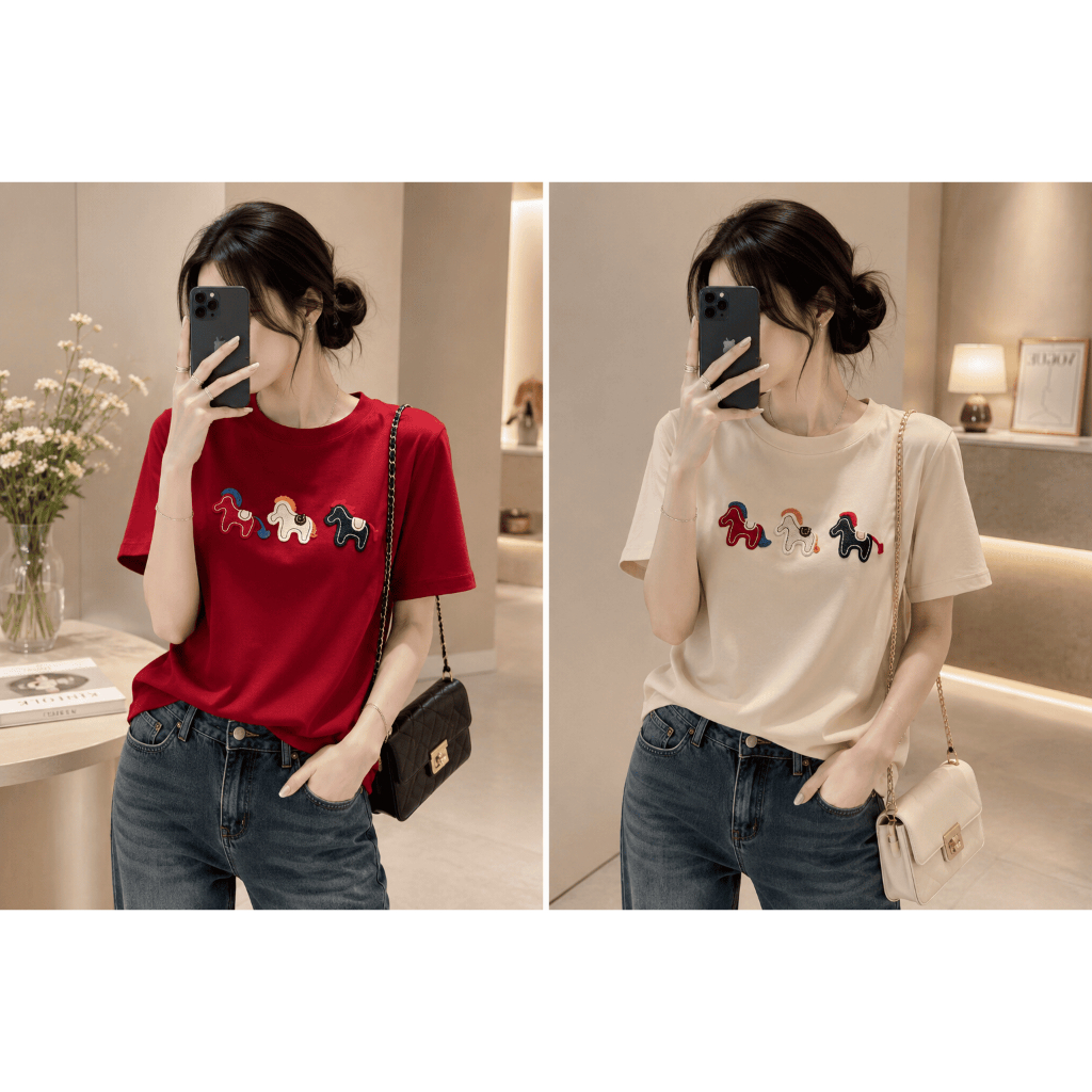 Áo Thun Tay Lỡ Nữ In Hình Ngựa Phối Màu, Form Unisex Rộng Vừa, Chất Cotton Mặc Hằng Ngày
