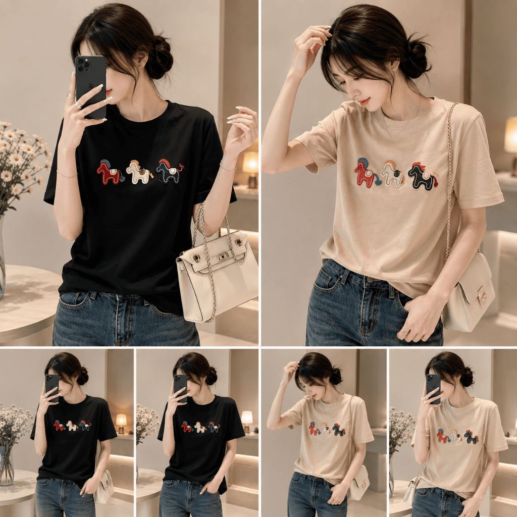 Áo Thun Tay Lỡ Nữ In Hình Ngựa Phối Màu, Form Unisex Rộng Vừa, Chất Cotton Mặc Hằng Ngày