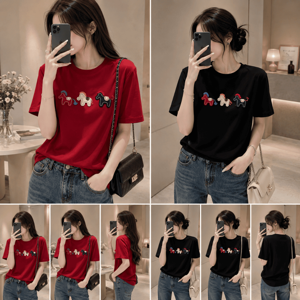 Áo Thun Tay Lỡ Nữ In Hình Ngựa Phối Màu, Form Unisex Rộng Vừa, Chất Cotton Mặc Hằng Ngày