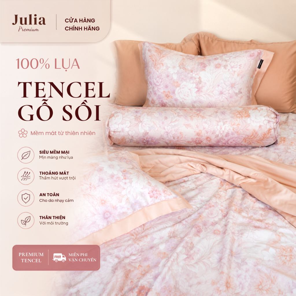 Bộ Chăn Ga Gối Lụa Tencel 100% Gỗ Sồi Cao Cấp Julia- Mềm Mịn, Mát Lạnh, Ga Giường Bọc Thun – Nhiều Màu J9H