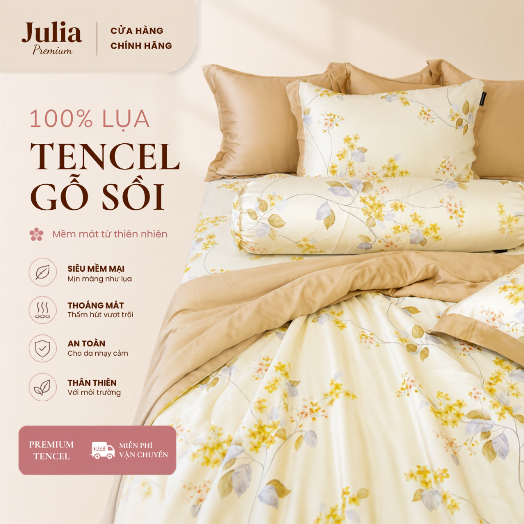 Bộ Chăn Ga Gối Lụa Tencel 100% Gỗ Sồi Cao Cấp Julia- Mềm Mịn, Mát Lạnh, Ga Giường Bọc Thun – Nhiều Màu J9H