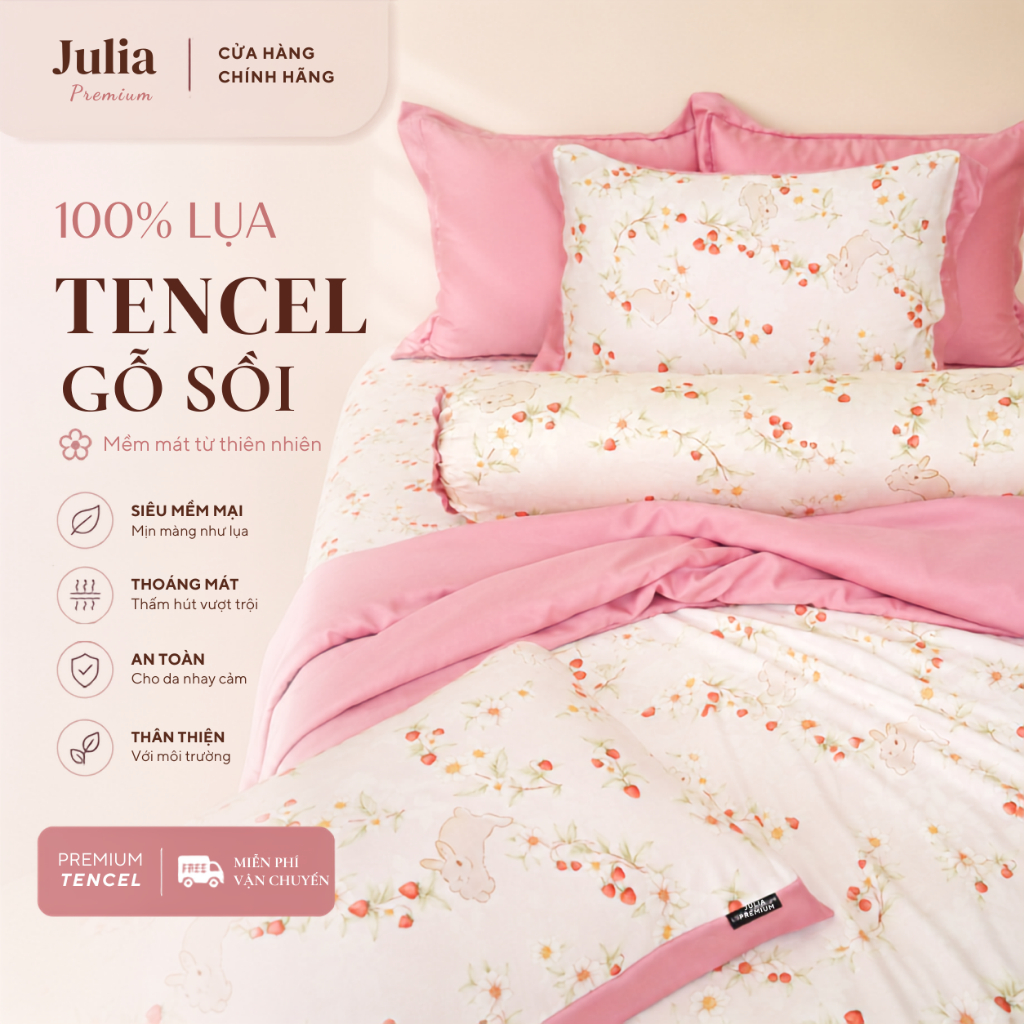 Bộ Chăn Ga Gối Lụa Tencel 100% Gỗ Sồi Cao Cấp Julia- Mềm Mịn, Mát Lạnh, Ga Giường Bọc Thun – Nhiều Màu J9H