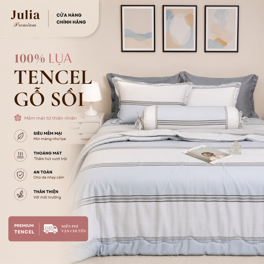 Bộ chăn ga gối ra giường lụa tencel sọc xanh xám - 100% từ gỗ sồi và thân cây bạch đàn siêu mềm mịn Hàn Quốc Julia 912