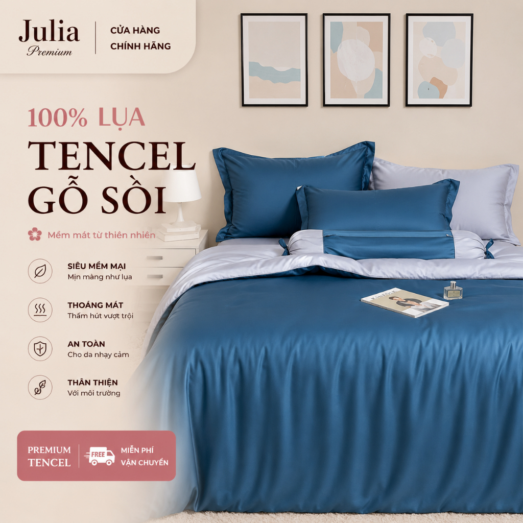 Bộ Chăn Ga Gối Lụa Tencel 100% Gỗ Sồi Cao Cấp Julia- Mềm Mịn, Mát Lạnh, Ga Giường Bọc Thun -SIZE 2Mx2M2 – Nhiều Màu J9HD