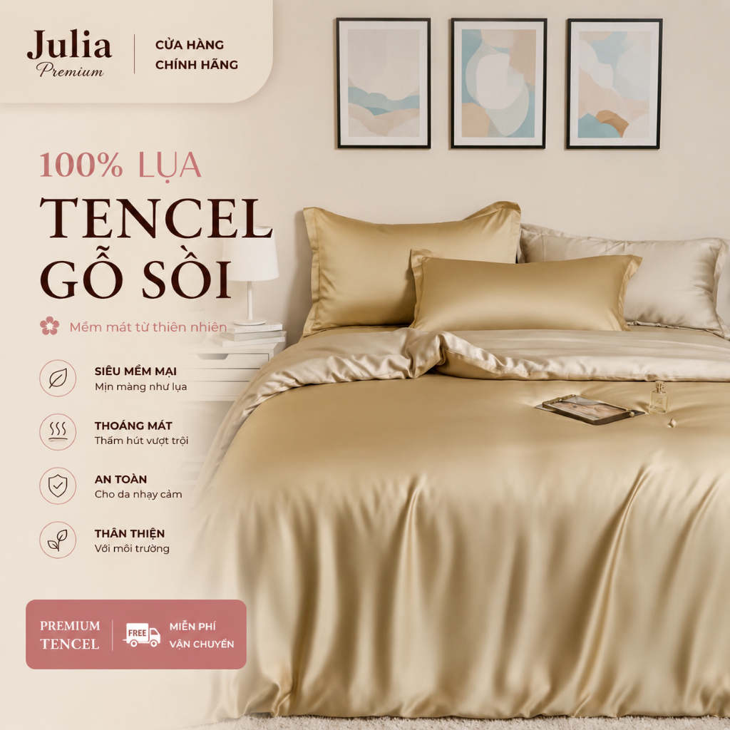 Bộ chăn ga gối ra giường lụa tencel màu trơn gỗ sồi màu nâu vàng phối kem cao cấp Hàn Quốc Julia 703