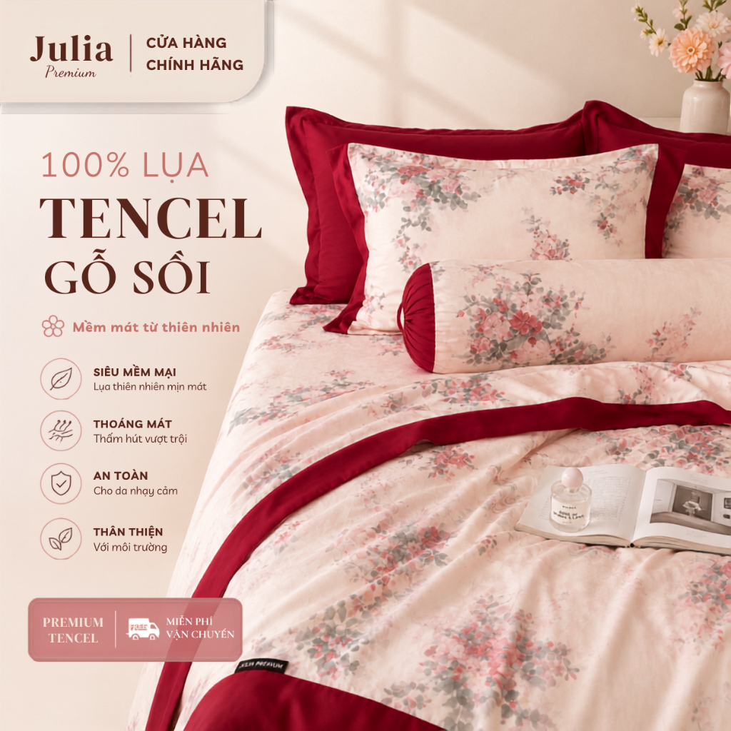 Bộ Chăn Ga Gối Lụa Tencel 100% Gỗ Sồi Cao Cấp Julia- Mềm Mịn, Mát Lạnh Màu Hồng 911