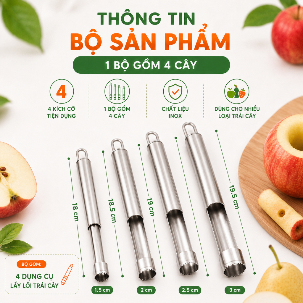 Bộ Dụng Cụ Tách Hạt, Lấy Lõi Trái Cây 4 Kích Cỡ | Inox | Dùng Cho Táo, Lê, Táo Tàu